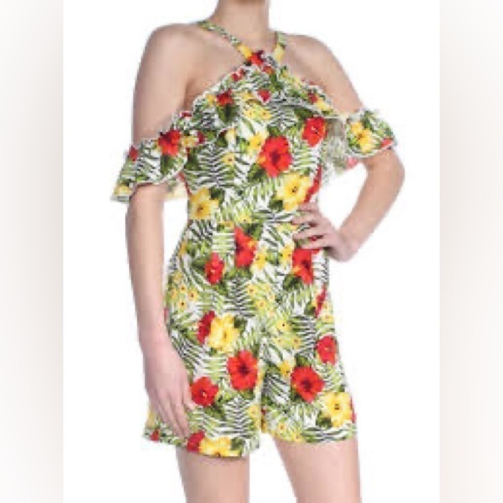 XOXO Womens Green Floral Off The Shoulder Ruffle Halter Romper Juniors L - Picture 5 of 12